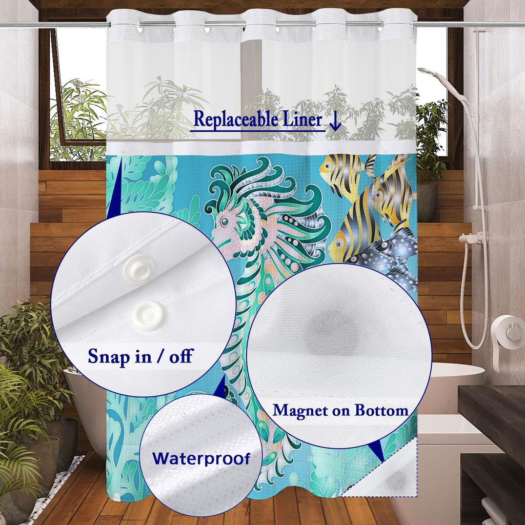 No Hook Hippocampus Pattern Shower Curtain With Snap-in Fabric Liner, Sheer Top Window, Waterproof Double Layer Bathtub Curtain