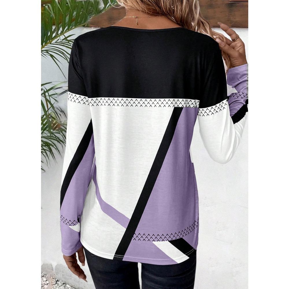 GMXIA Women's Pullover Round Neck Color Contrast Patchwork Geometric Print Top T-shirt
