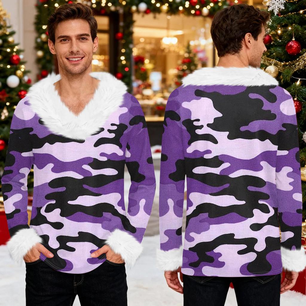 Men's Christmas Printed Fleece Lined Hoodie | Faux Trim Party Sweatshirt With Pocket | Plus Size Loose Fit Holiday Pullover