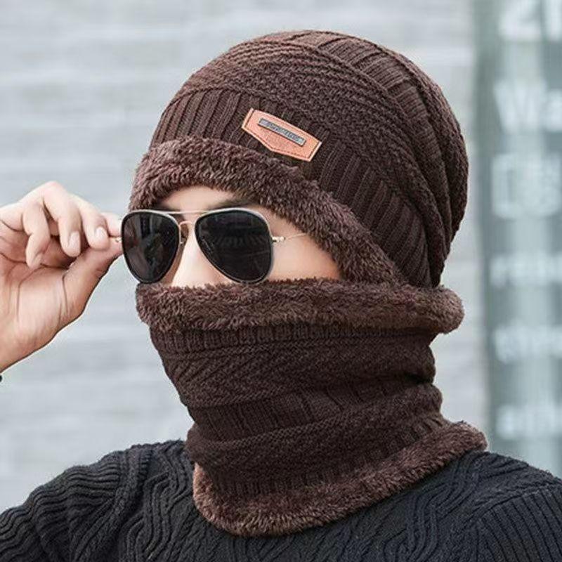 Men's Winter Ear Protection Knitted Hat & Thickened Velvet Neck Warmer Set
