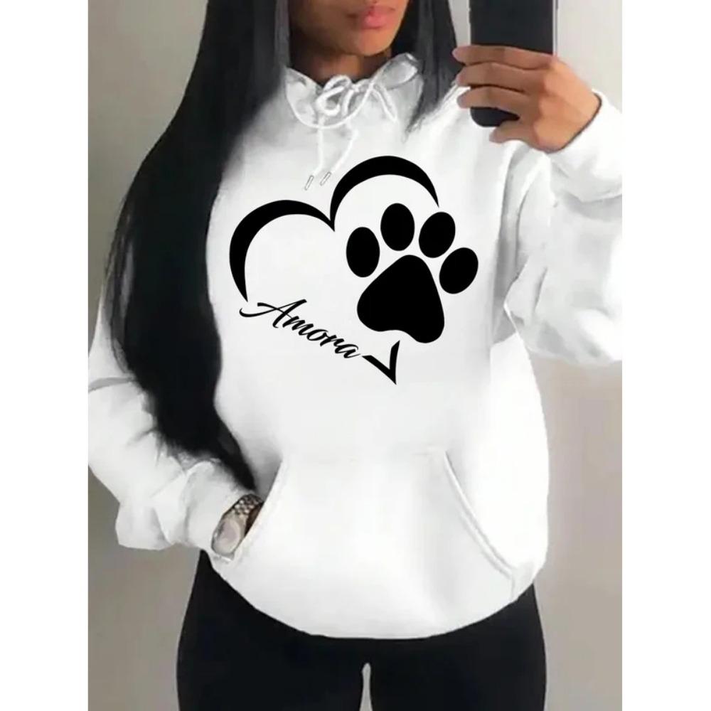 Love And Little Cat Foot Creative Print Women Hoody Fashion Autumn Sweatshirt Pocket Hoodie Sport Style Comfortable