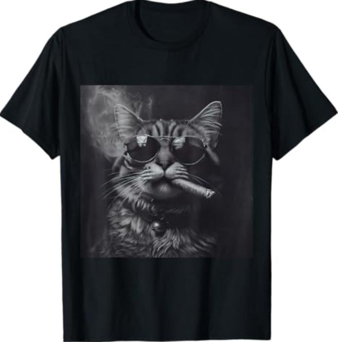 Smoking Cat Moody Noir Black and White Art Funny T-Shirt S