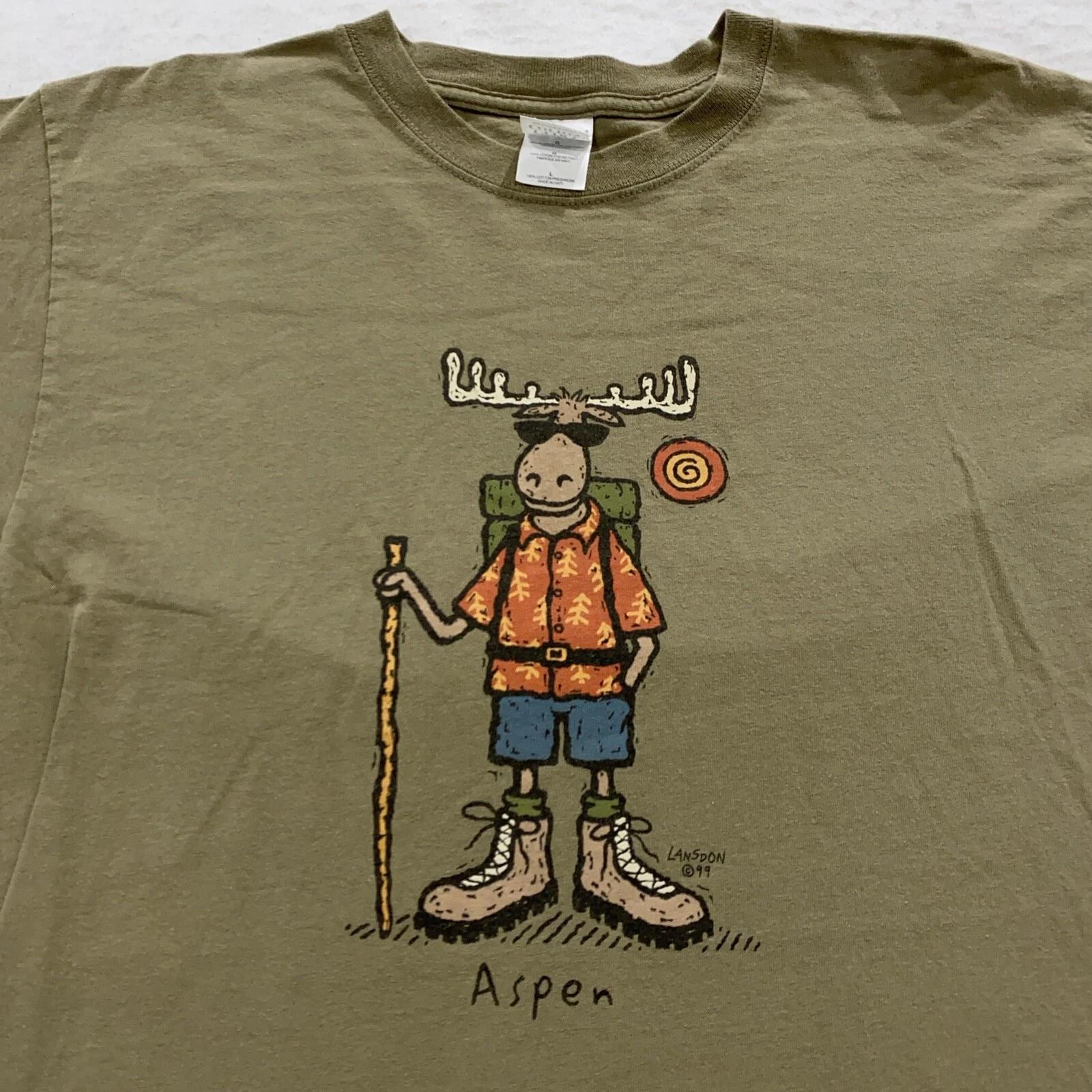 

vintage 90s ASPEN COLORADO HIKING MOOSE CARTOON T-Shirt LARGE nature soft 2XL