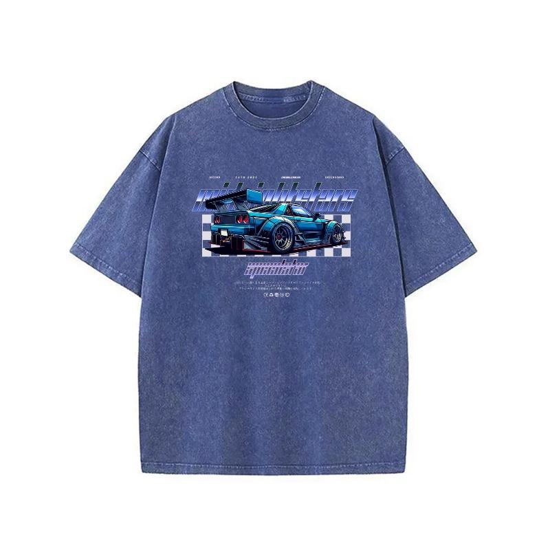 European sizes Men'S T-Shirt | Oversized Short-Sleeve Crew Neck Tee with Detailed Blue Racing Car Print, Bold "Motorsports" & "Speedster" Lettering