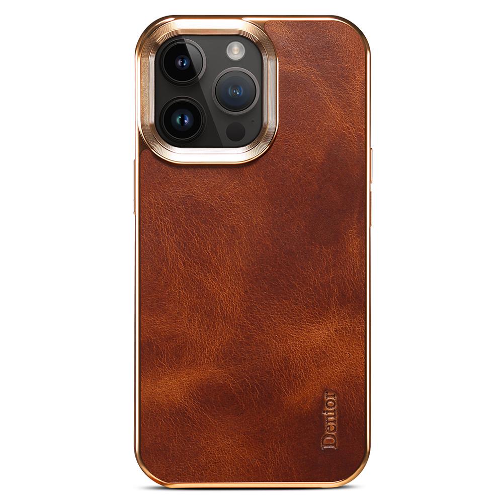 DENIOR For iPhone 16 Pro Case Waxy Texture Genuine Cow Leather Electroplating Back Cover