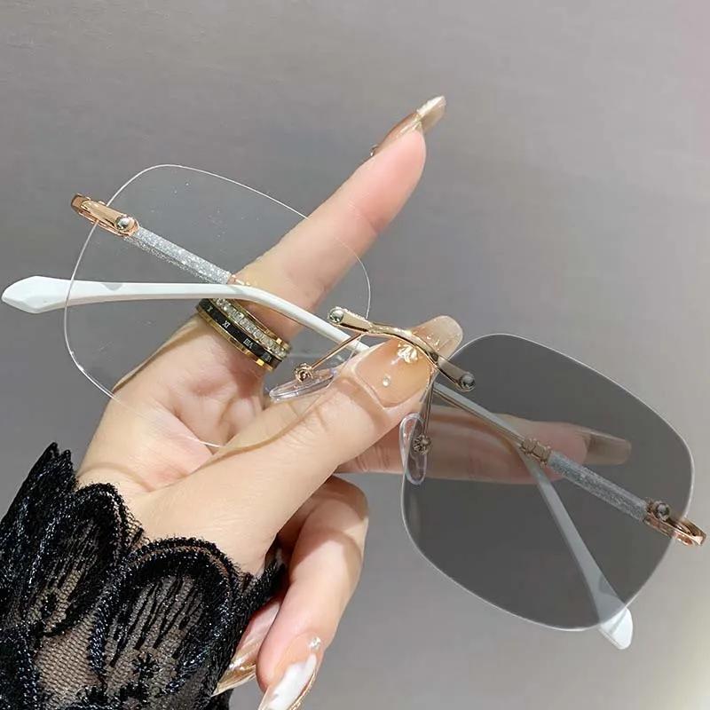Premium Photochromic Myopia Glasses Frameless Beveled-Edge High-Definition Anti Blue Light Turn Grey Minus Diopter Eyeglasses