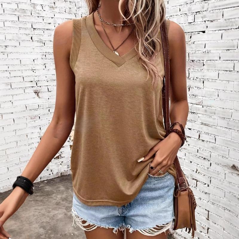 Women's V Neck Ribbed Trim Loose Sleeveless Tank Top