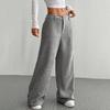 Women Pants Low Rise Zipper Button Fly Straight Wide Leg Long Pants with Pockets Solid Color Ribbed Leisure Trousers
