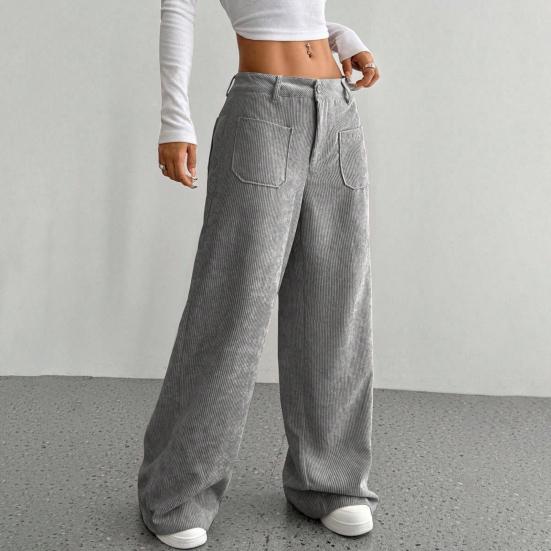Women Pants Low Rise Zipper Button Fly Straight Wide Leg Long Pants with Pockets Solid Color Ribbed Leisure Trousers