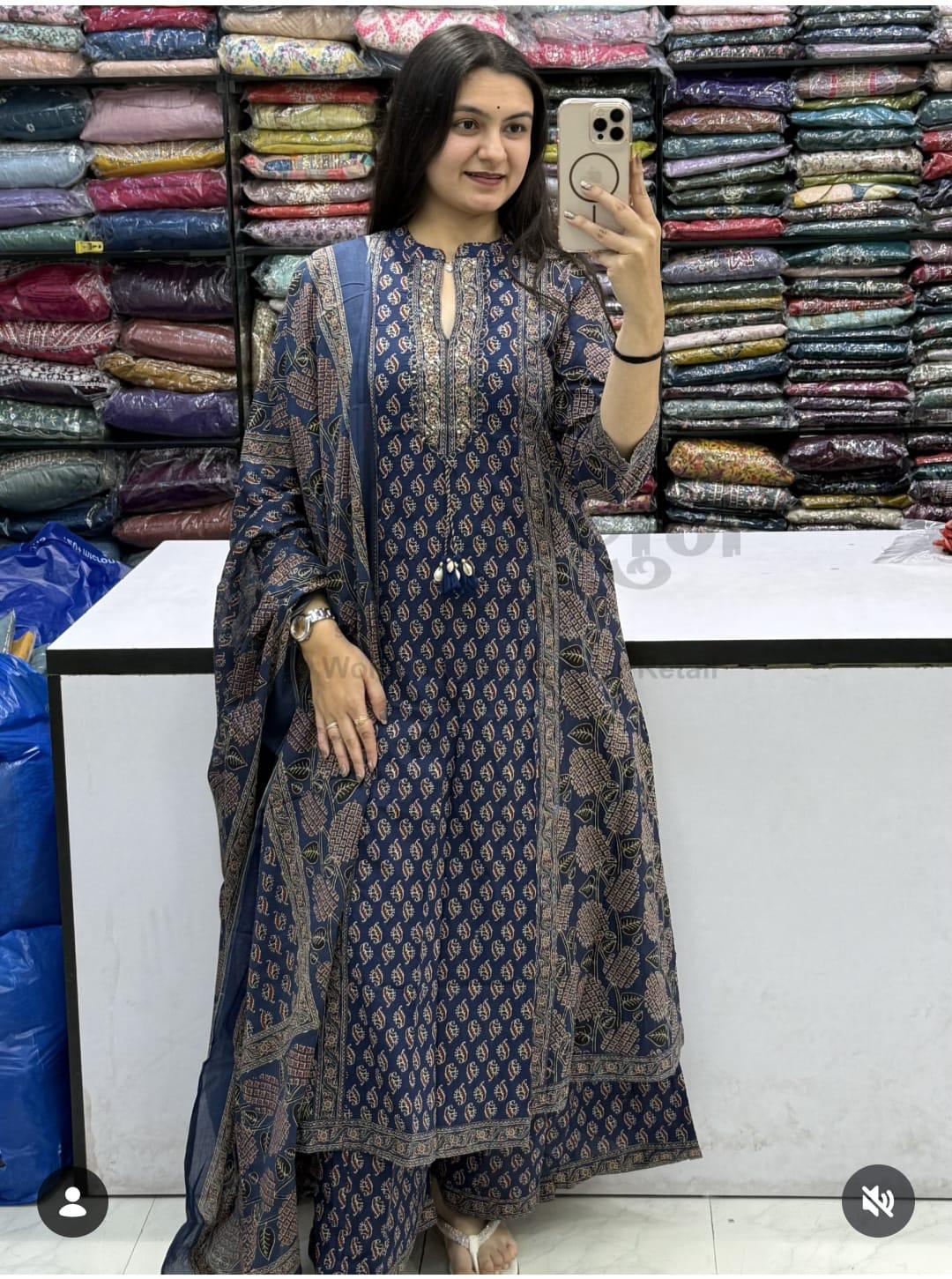 Women Anarkali Cotton Kurta Pant Dupatta Set Indian Bollywood Party Wear Salwar Suit M