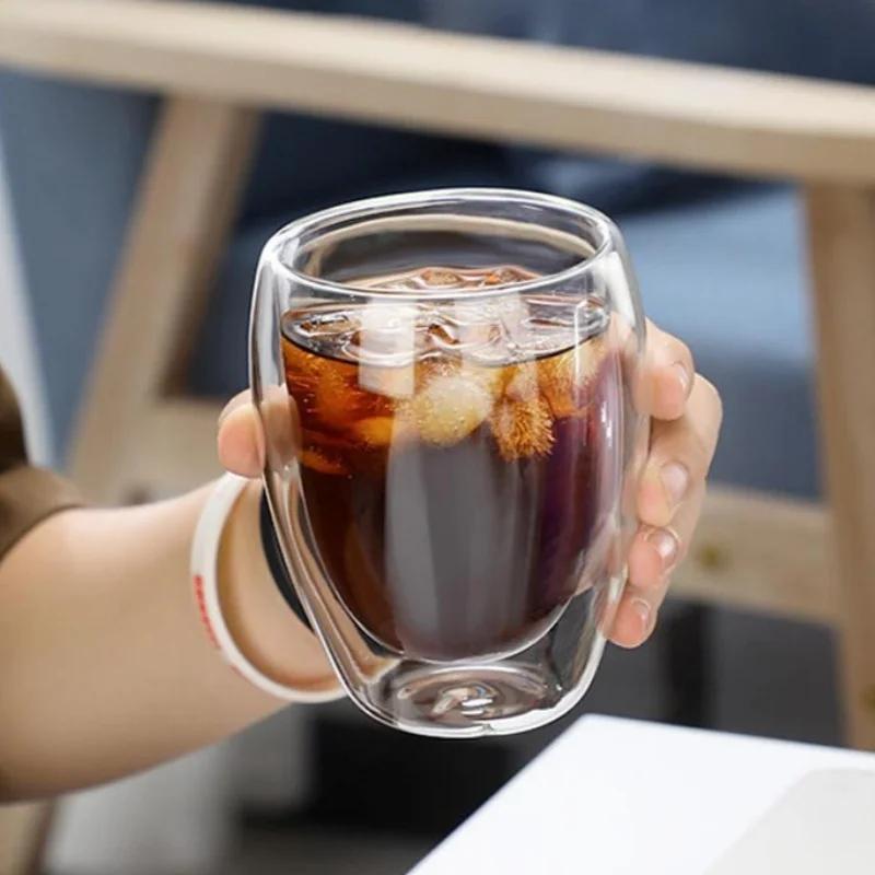 250-450ml Doppelwandiges Glas Tasse Runde Form Einfarbig Bier Milch Kaffee Hitzebeständig Wasserbecher Transparente Tasse Glasbecher