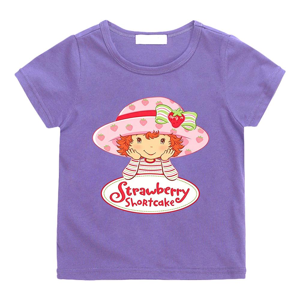 Cute Strawberry Shortcake T-Shirt for Children Retro Cartoon Print Tees Cotton 100% Short Sleeved Casual O-Neck Kids Tops Summer