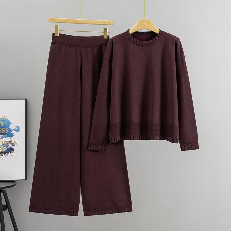 Women's Knitwear Set: Loose Long Sleeve Sweater & Wide Leg Pants, Spring/Autumn Fashion Two-Piece Set
