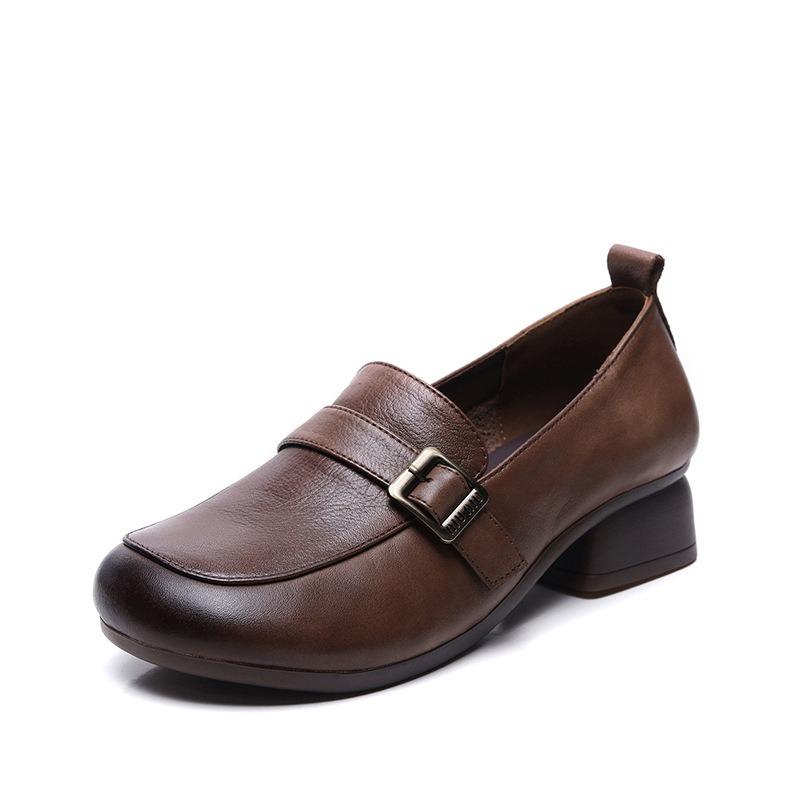 Deep mouth small leather shoes round head thick heel soft sole single shoes first layer cowhide versatile women's shoes