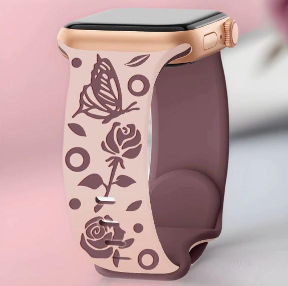 Two-Color Silicone Rose Flower Strap for Apple Watch (Series 1-10) - Floral Rose Carved Design