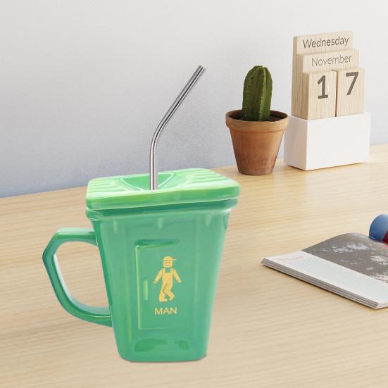 Funny Toilet Coffee Mug Novelty Shaped Mug Squatting Pan Ceramic Water Cup with Straw Adult Humor Gift for Office Home Use