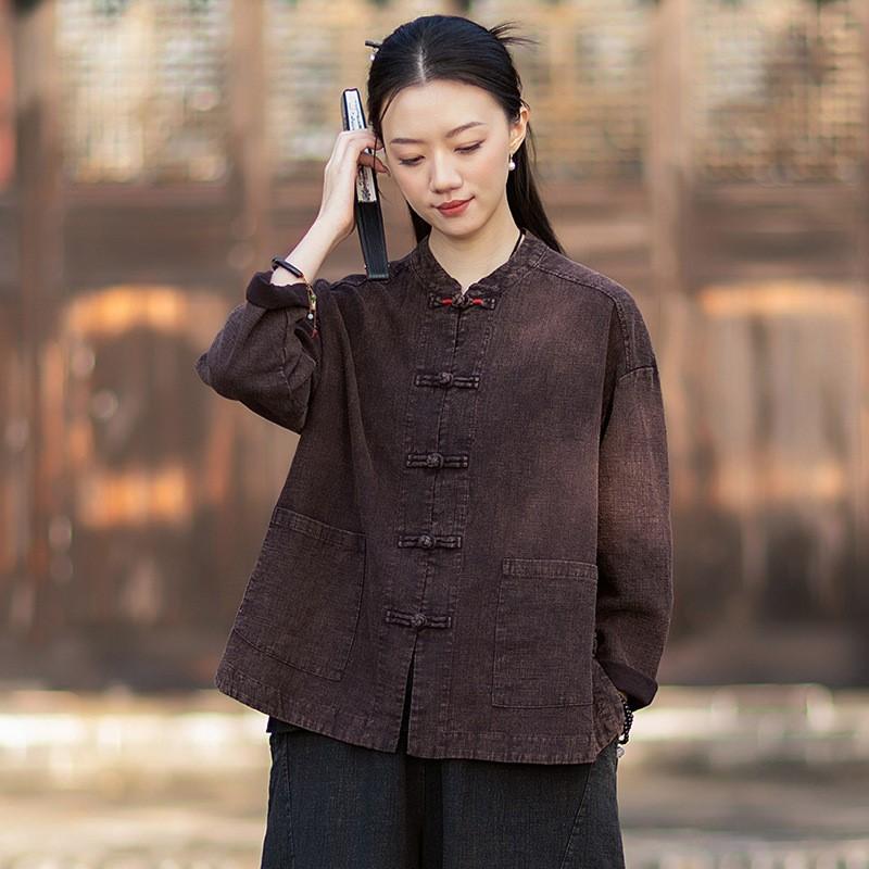 Johnature Women Vintage Shirts Tops Spring Chinese Style Solid Color Stand Long Sleeve Pockets Blouses
