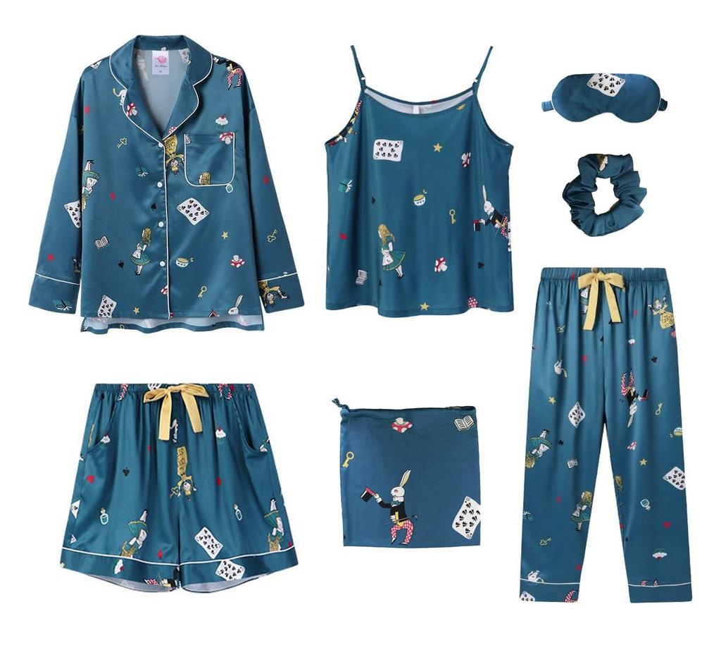 Rose Halcyon Satin Long Summer Women's Pajamas, Loungewear, Sleeves, Pants, Camisole, Fall, Spring, (F42-S)