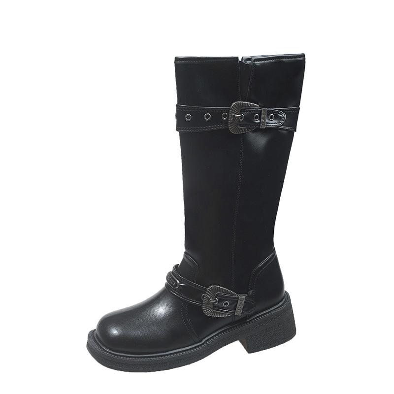 

Retro polished western cowboy boots women s 2025 new square head thick heel thick sole belt buckle high knight boots 35
