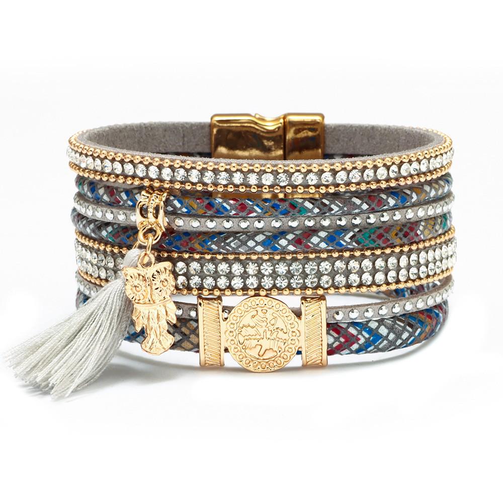 Bohemian Micro-Diamond Cross Bracelet with Magnetic Clasp & PU Leather