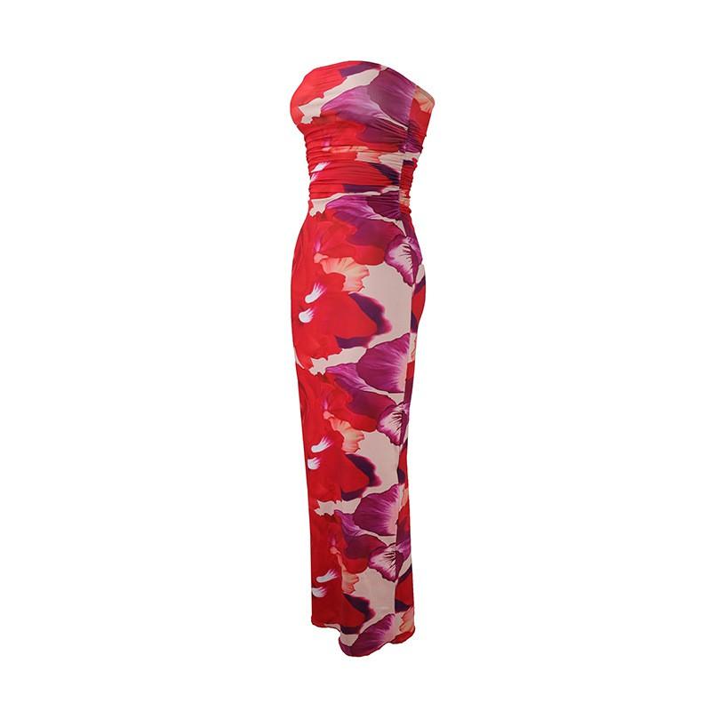 Sexy Strapless Floral Maxi Dress Slim Fit Beach Vacation 2026