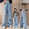 Kids Jeans Denim Wide-leg Pants with Ruffled Edges Girl Jeans Girls Trousers Girls Clothes Ripped Jeans