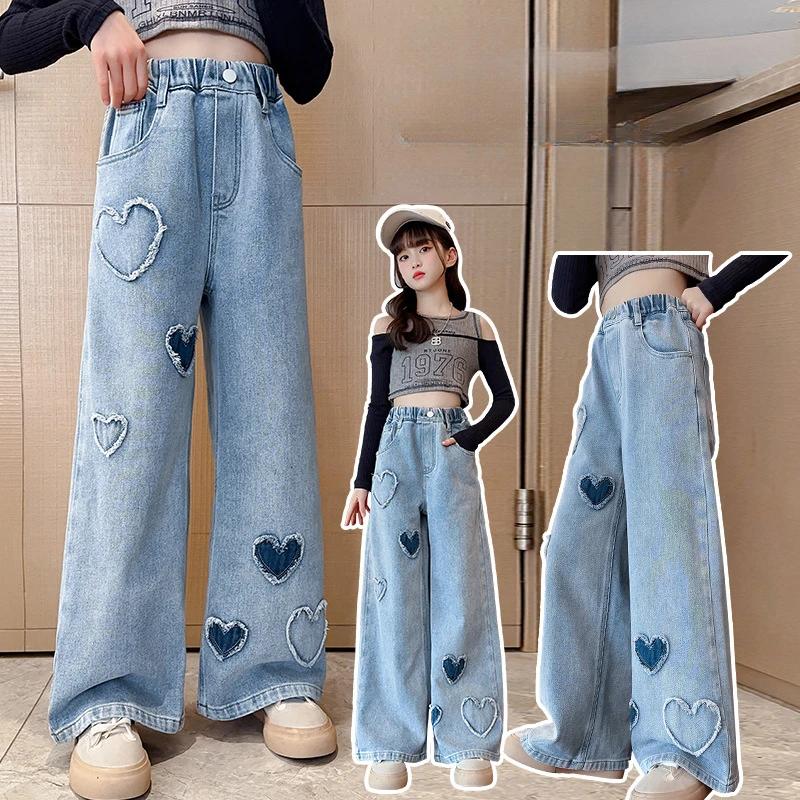 Kids Jeans Denim Wide-leg Pants with Ruffled Edges Girl Jeans Girls Trousers Girls Clothes Ripped Jeans