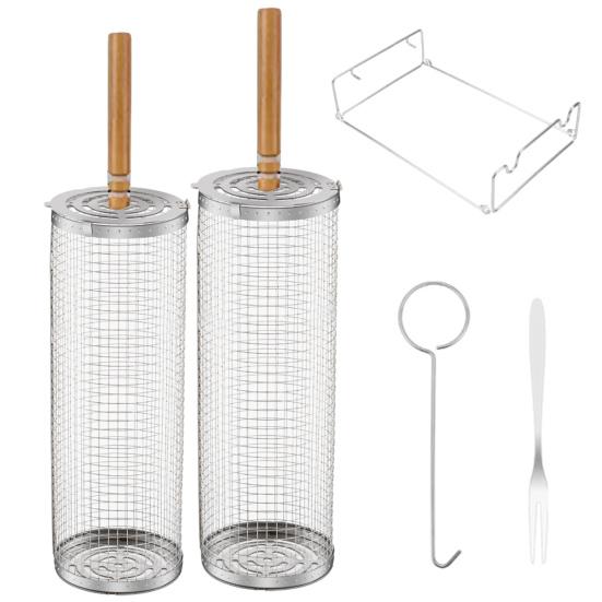 

2 шт. корзина для барбекю, корзины для гриля с деревянной ручкой, сетка из нержавеющей стали, инструмент для гриля, легко чистящийся аксессуар для наружного гриля B