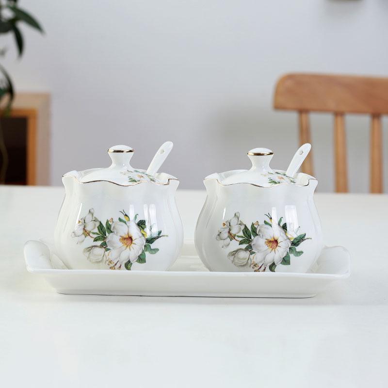 Lotus Ceramic Condiment Jar Set for Salt, Sugar, Soy Sauce, and Vinegar