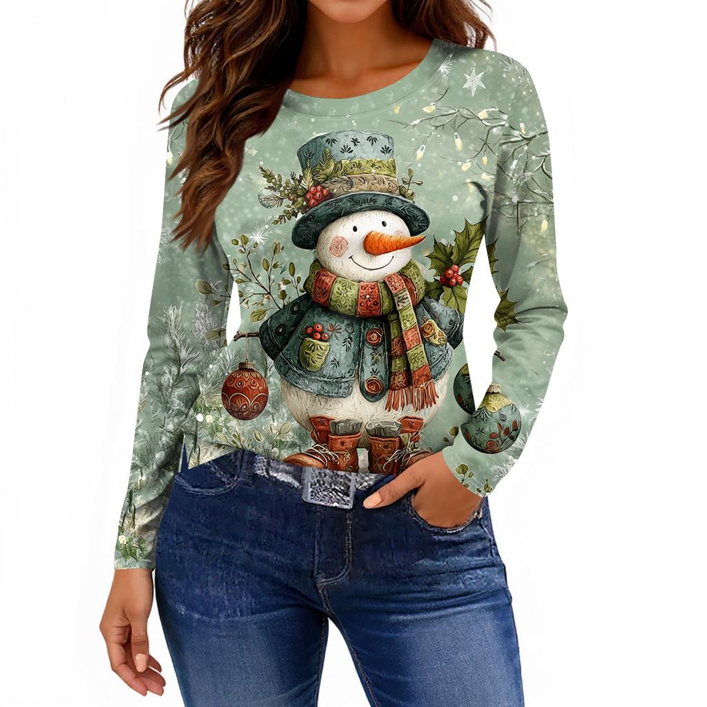 Women's Fashion Casual Slit Hem Round Neck Long Sleeve Loose Printed T-Shirt Ladies Top