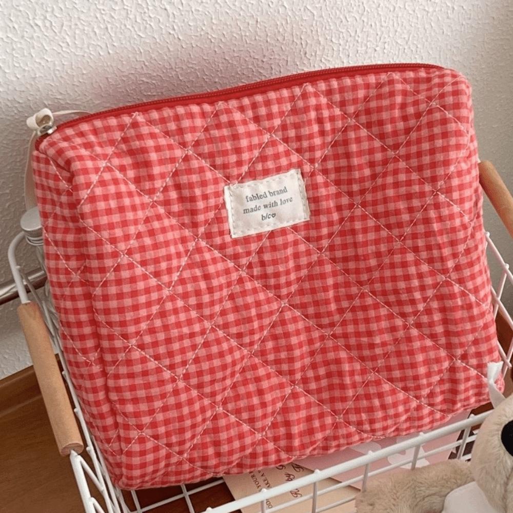 New Cotton Makeup Bag Cute Checkered Pattern Travel Toiletry Bag Multi-size Large Capacity Storage Wrist Bag Travel Use