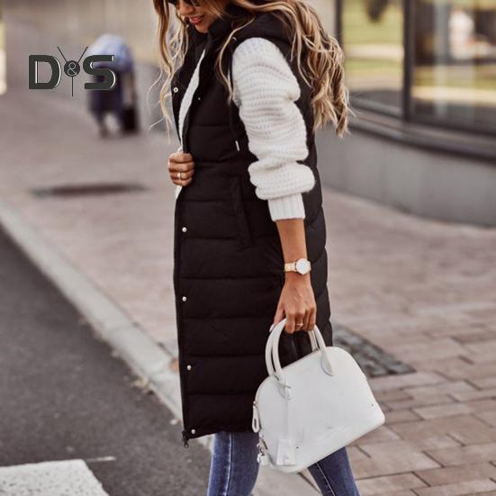 Dámská zimní vesta Kabát Vycpaný Jednobarevný Bez rukávů S kapucí Stahovací šňůrka Jednořadá Středně dlouhá Slim Fit Zip Kapsy na lemu Dámská Dlouhá zima