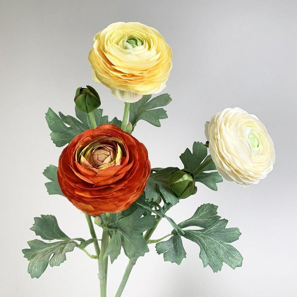 Plastic Material Artificial Flower 2 Head Design Realistic Texture Artificial Ranunculus Asiaticus Silk Fabric Faux Bloom