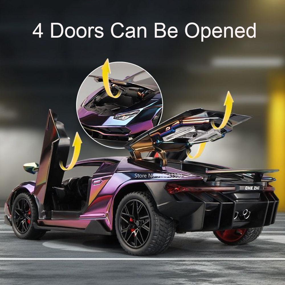 1:24 Scale LP770 Revuelto Sports Car Model Toy Adjustable Tail Fin Sound Light Shock Absorption Models Kids Holiday Presents