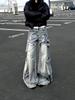 Plus Size Retro Y2K Distressed Blue Cargo Pants for Women -  Floor-Length Design