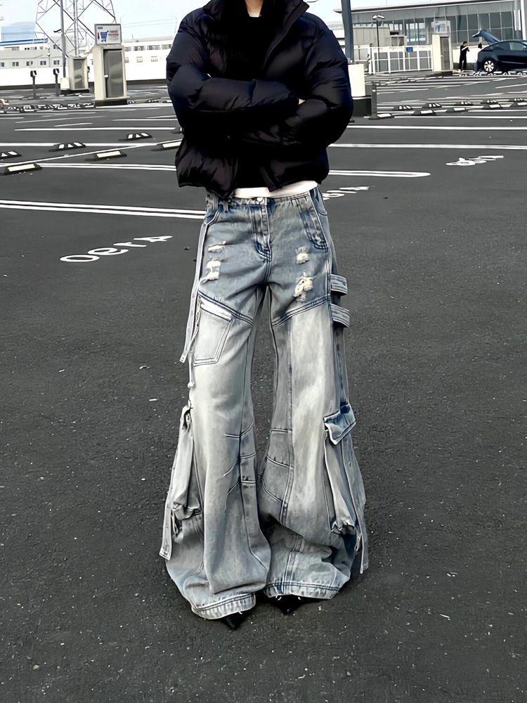 Plus Size Retro Y2K Distressed Blue Cargo Pants for Women - Floor-Length Design