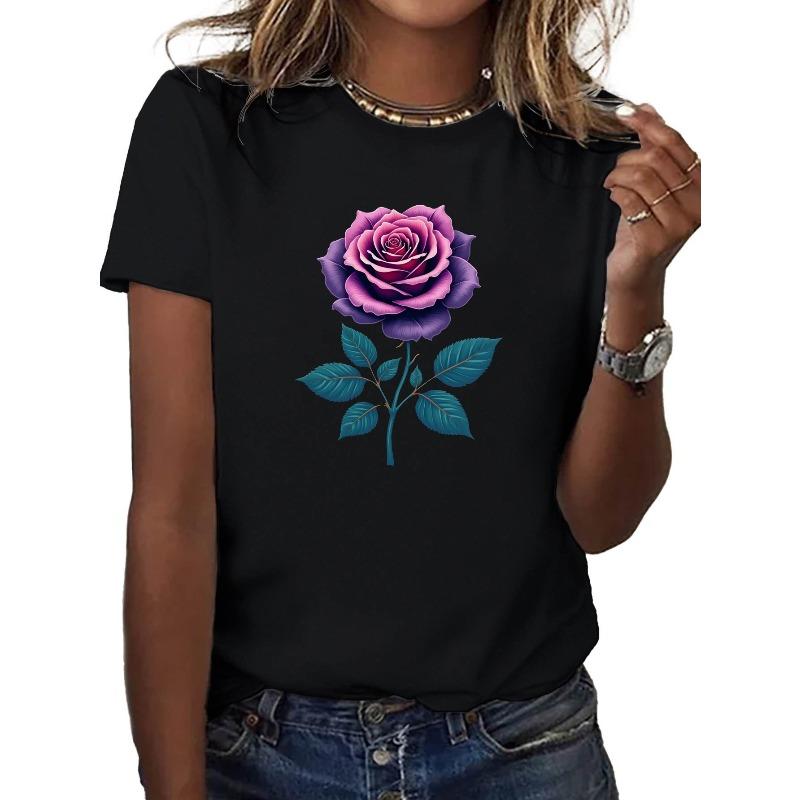 

Европейские размеры Женская футболка в винтажном стиле с принтом нежных роз - Оверсайз свободного кроя с коротким рукавом, круглым вырезом, повседневный топ S чёрный