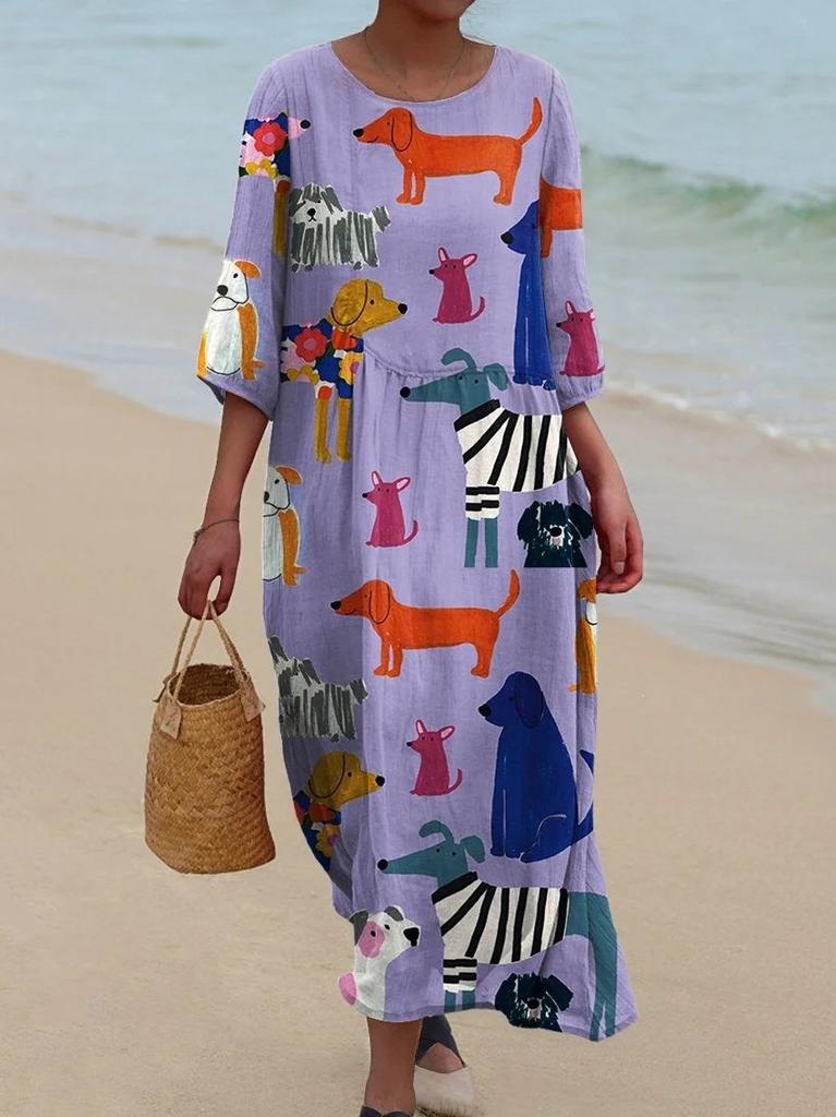 European and American New Large-size Dress Women's Clothing Seaside Vacation Printed Loose Long Dress