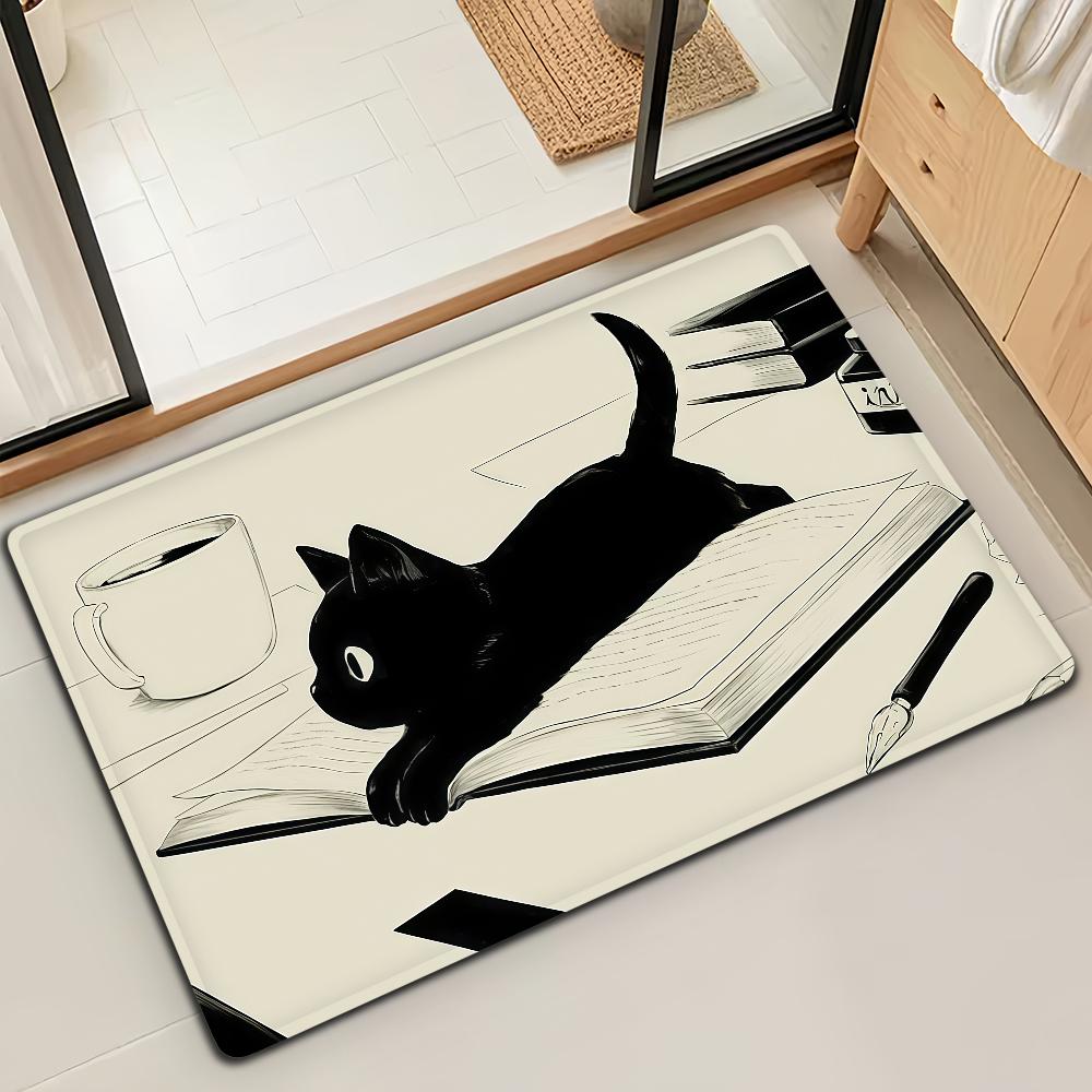 Kawaii Cute Black Cat Door Mat Bath Microfiber Decorative Versatile Flannel Floor Mat Quick Dry Absorbent Non-slip Sole