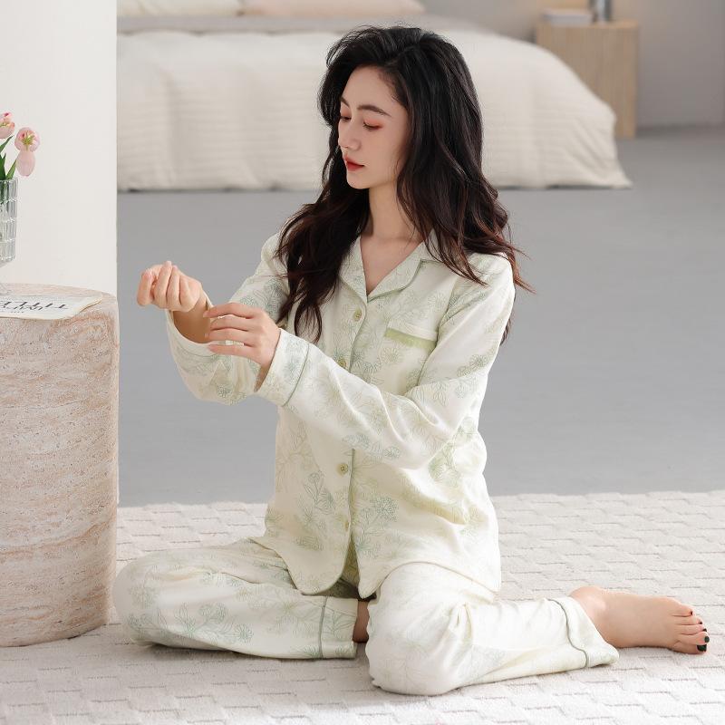 Anti-bumping point with chest pad Spring and autumn women's cardigan loungewear pure cotton long-sleeved lapel two-piece pajamas women's suit
