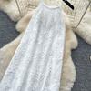 Summer White Lace Halter-Neck Dress for Women Sexy Sleeveless Floral Embroidered A-Line Maxi Dress