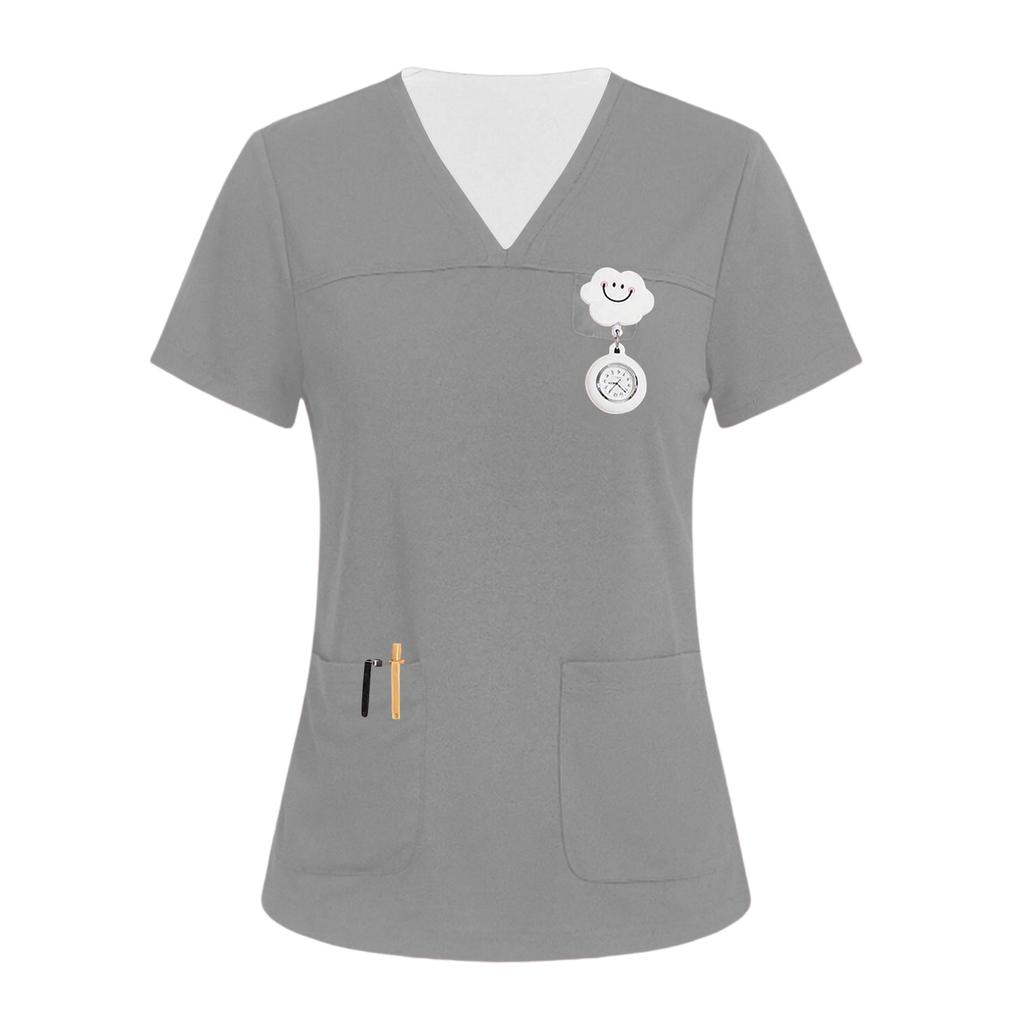 Women's V-neck Three-pocket Short-sleeved  Uniform/caregiver Top With Slits At The Hem
