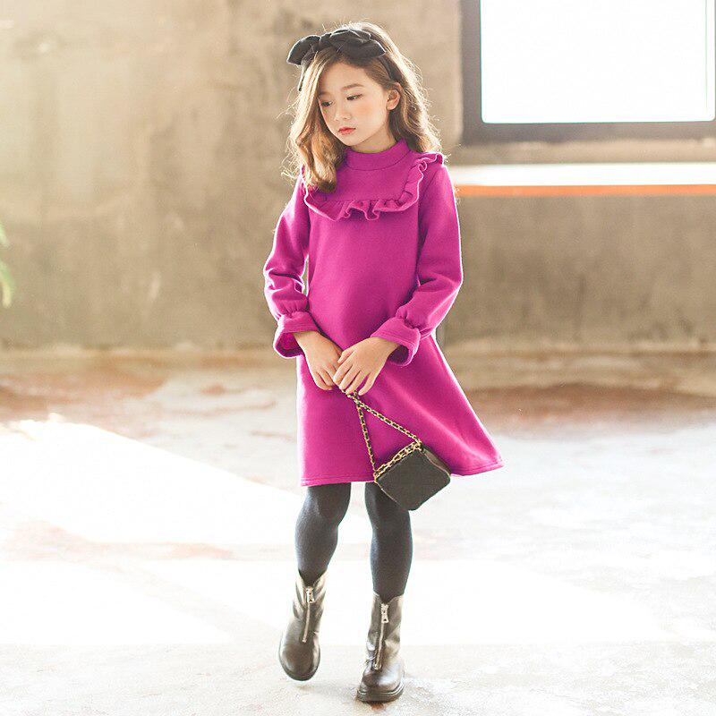 YUBAOBEI Velvet Girls Dress Autumn Girl Warm Fleece Purple Sweatshirt Dress Kids Ruffle Princess Party Frocks