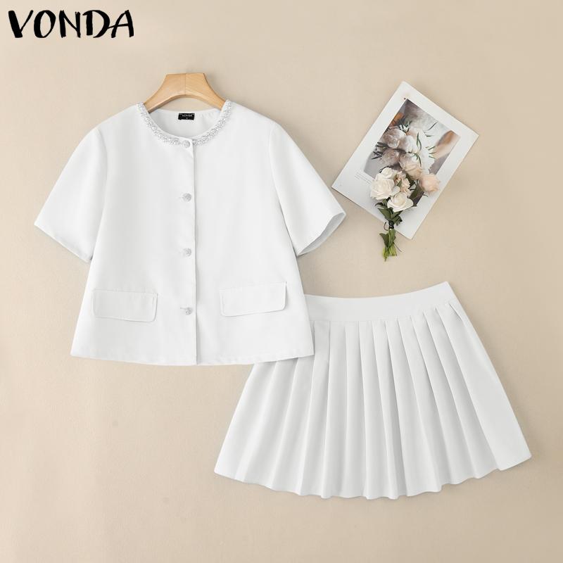

VONDA Elegant Sets Women Short Sleeve Beading Tops and Mini Pleated Skirts Suits Outfits S