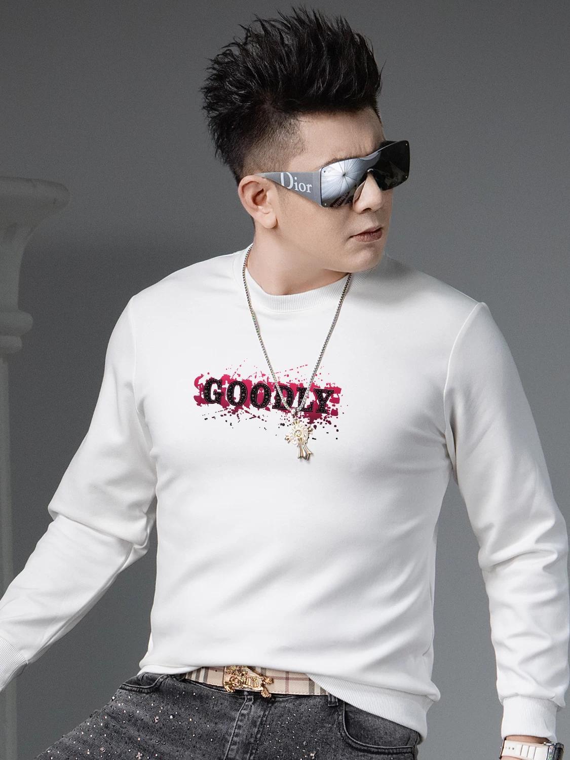 

European Station 2025 Autumn New Round Neck Pullover Sweatshirt Men s Trendy Beaded Print Long Sleeve Casual Top 4XL чёрный
