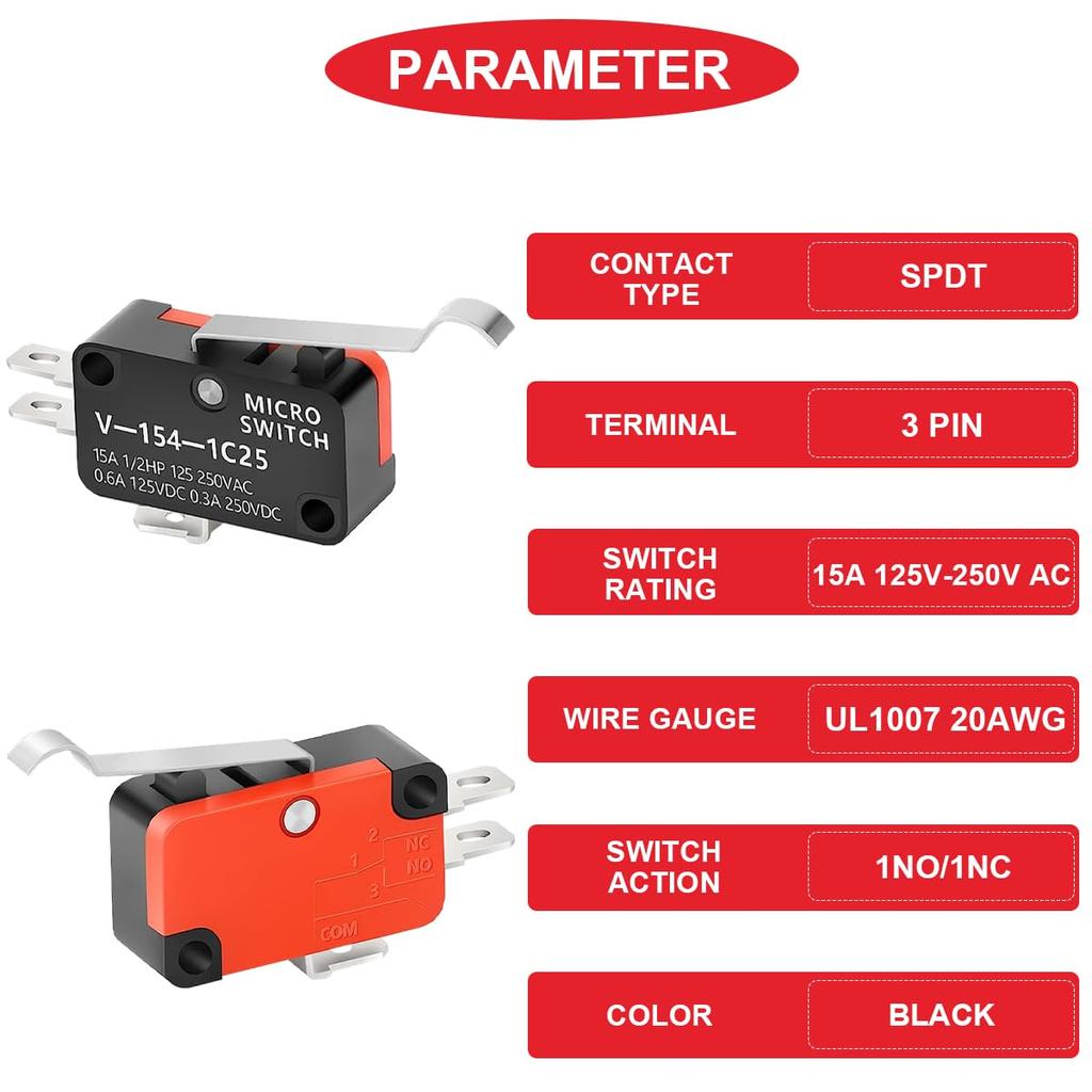 MKBKLLJY 12pcs Lead Limit Switch Short Hinge Roller Lever Arm 27mm/1.06" 1NO 1NC SPDT