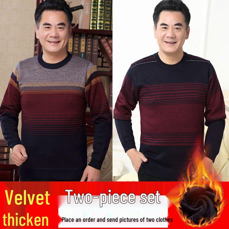 Men's Thick Fleece-Lined Sweater - Grandpa Style, Round Neck, Perfect for Winter Warmth