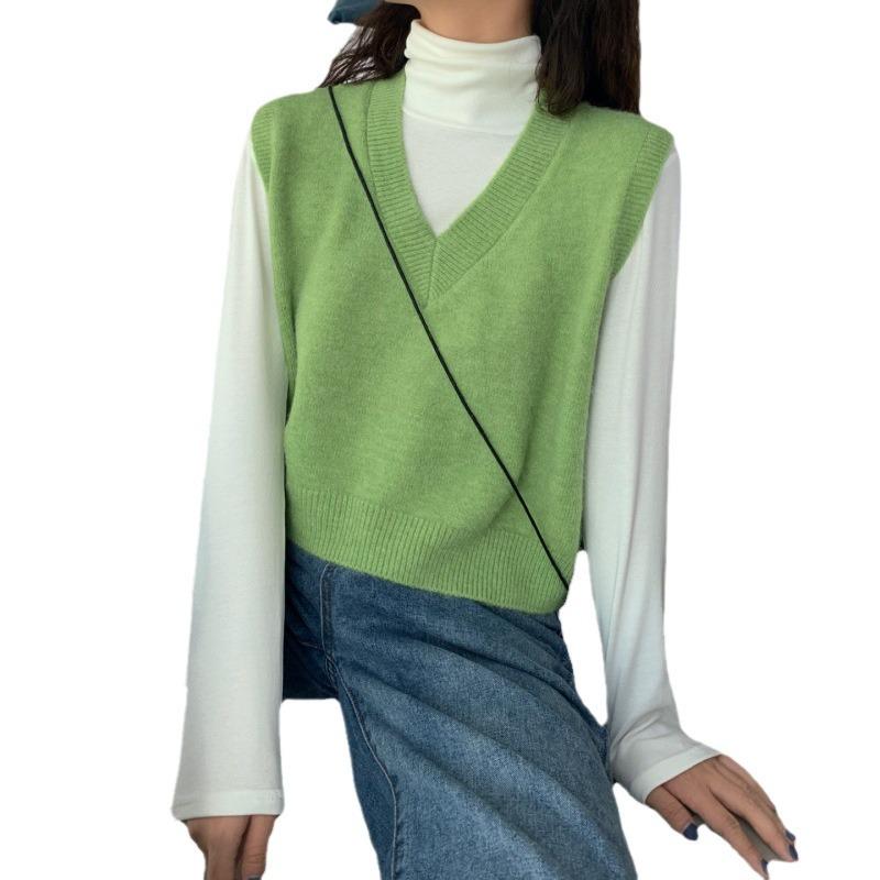 Damen Strick V-Ausschnitt Ärmelloser Pullover Weste - Lockere Passform, Unifarbe für Frühling und Herbst.