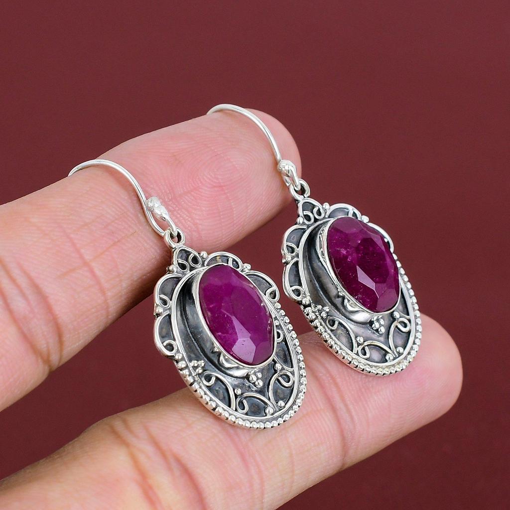 Faceted Kashmir Ruby Earring 925 Sterling Silver Earring Vintage Earrings Kashmir Ruby Real Gemstone Jewelry Handmade Earring Gifts For Her