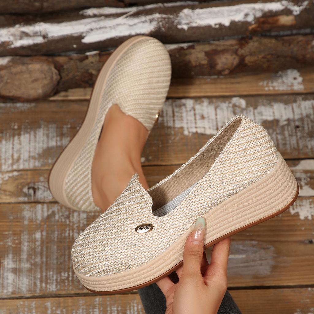 Autumn new cloth platform onepedal slope heel single shoes large size muffin woven loafers women